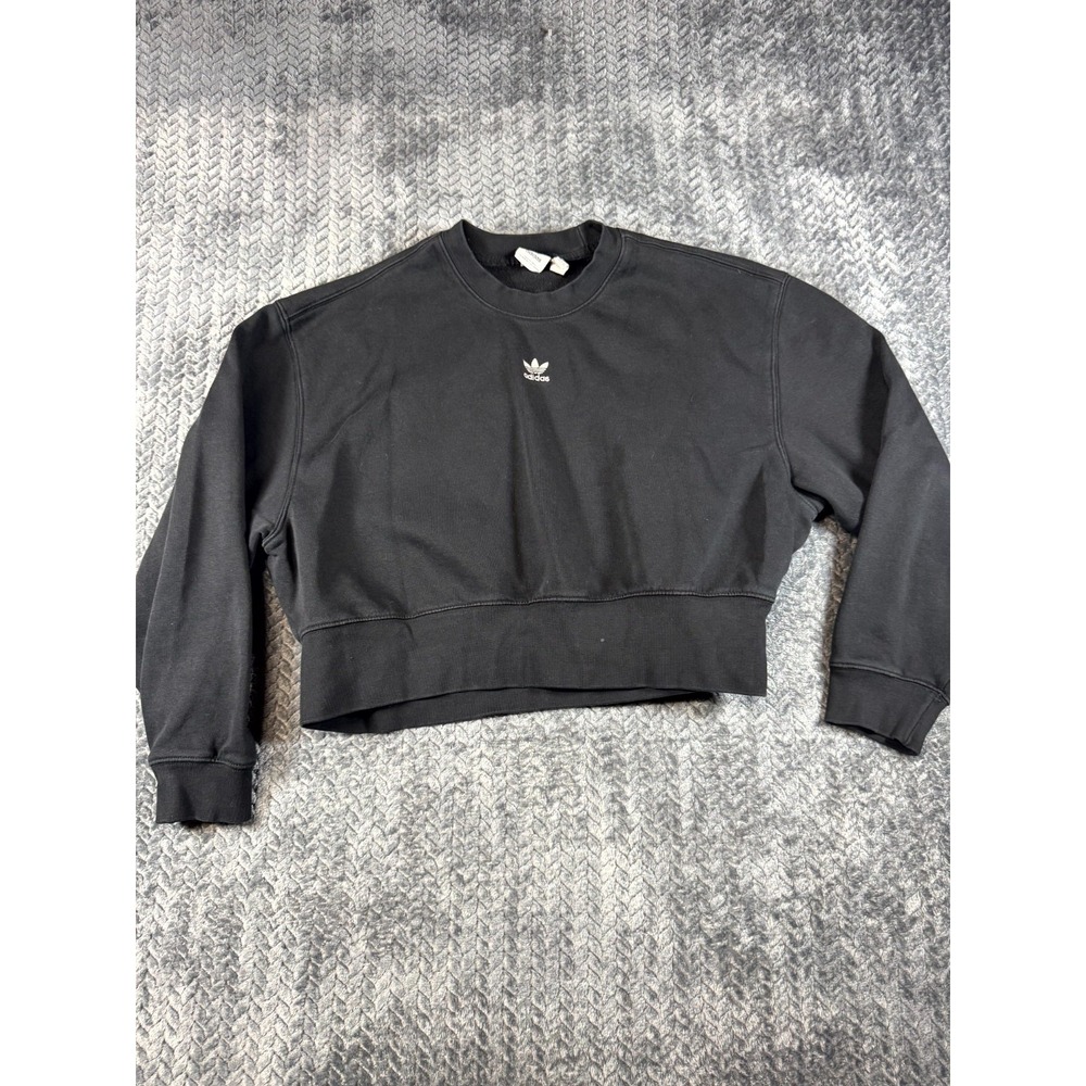 Adidas Crop Sweatshirt Womens Small Black Trefoil Stretch Long Sleeve Crewneck